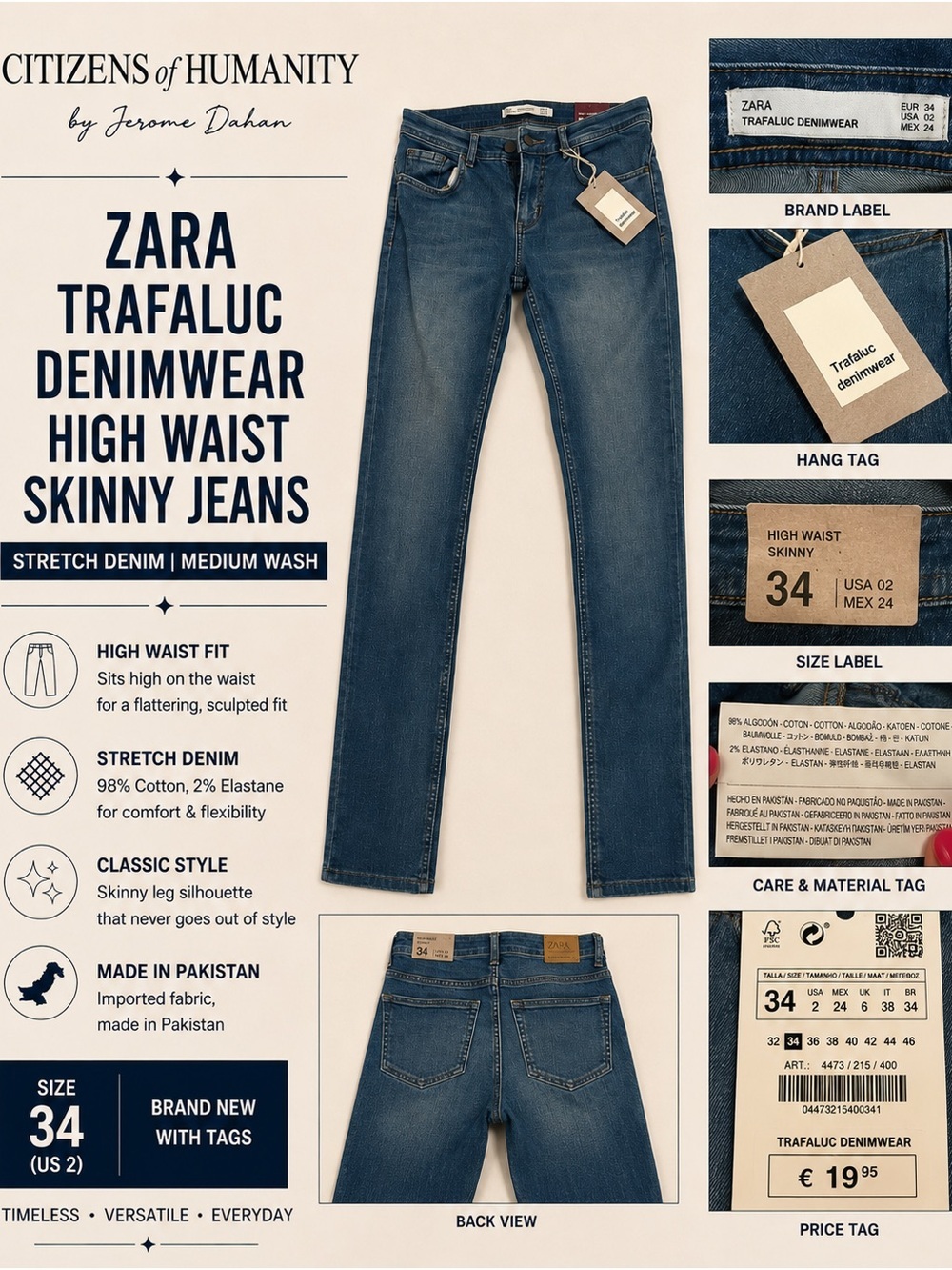 Zara Blue High Waist Skinny Jeans with Orange Topstitch